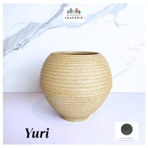 Leaferie Yuri Beige textured vase labeled 'Yuri' on a white background with 'LEAFERIE' branding.
