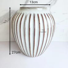 Load image into Gallery viewer, The Leaferie Velde tall flowerpot. ceramic white colour with stripes
