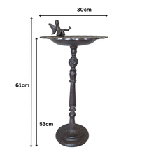 Load image into Gallery viewer, Cast Iron bird bath with a fairy figure on a white background, featuring the Leaferie brand.
