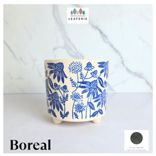 Load image into Gallery viewer, Boreal Ceramic planter with blue floral pattern on a light gray background, featuring the brand 'LEAFAERIE'.
