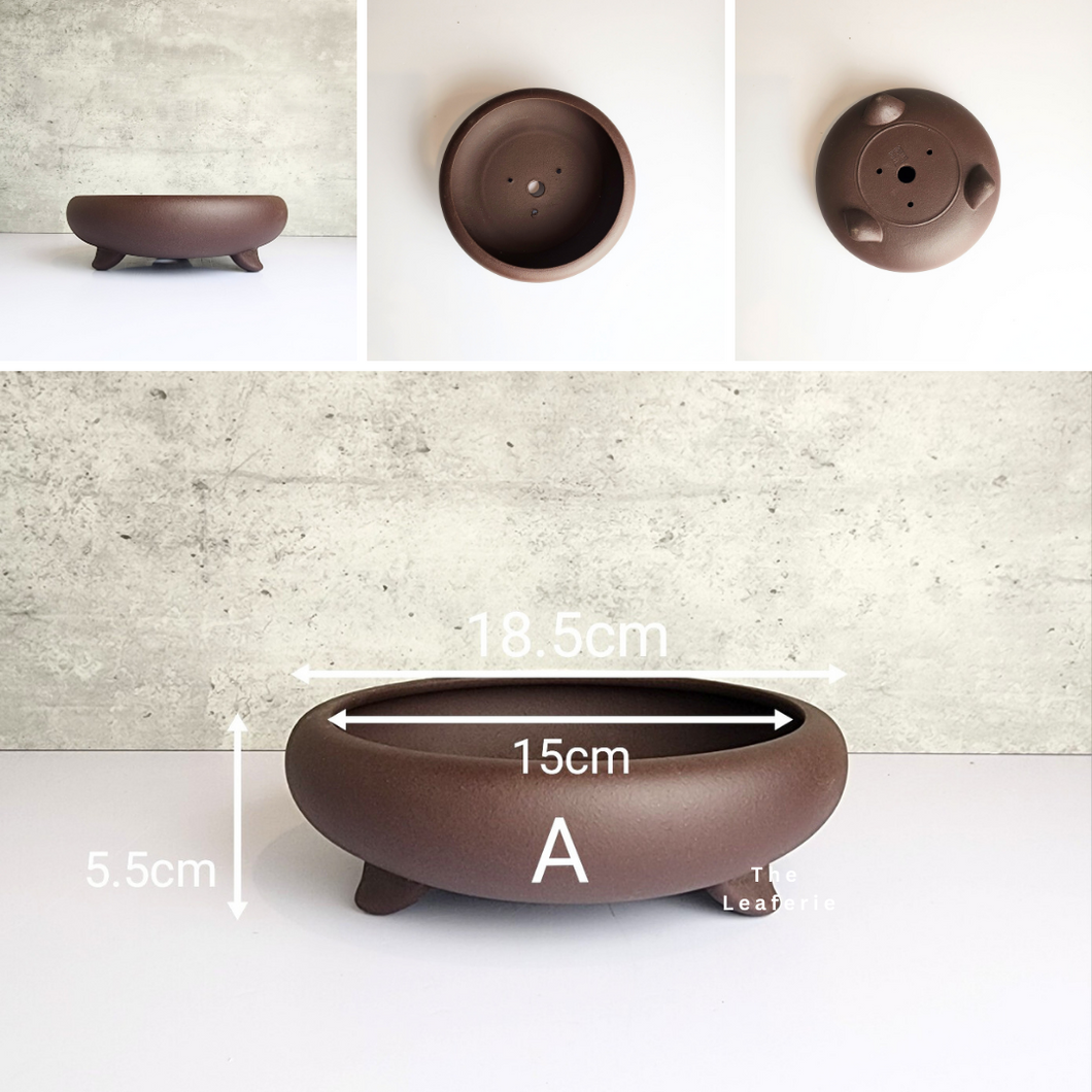 The Leaferie Bonsai tray Series 3. 4 designs zisha plant pot. purple sand material. Photos of all design A