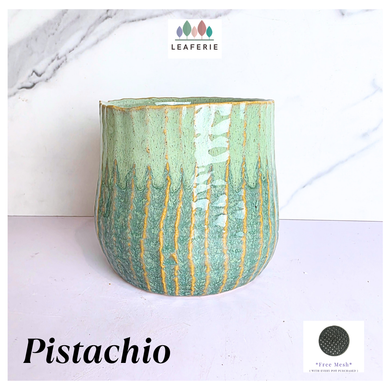 Pistachio Leaferie Green ceramic planter with gold accents on a white background, featuring the Leaferie brand.
