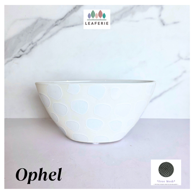 Ophel White ceramic pot with decorative pattern on a marble surface, featuring the LEAFERIE brand.