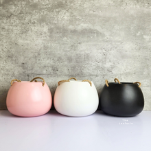 Load image into Gallery viewer, The Leaferie Lyon hanging pot (Series 13). 3 colours pink, white and black. ceramic material. photo shows all 3 colours in maxi size
