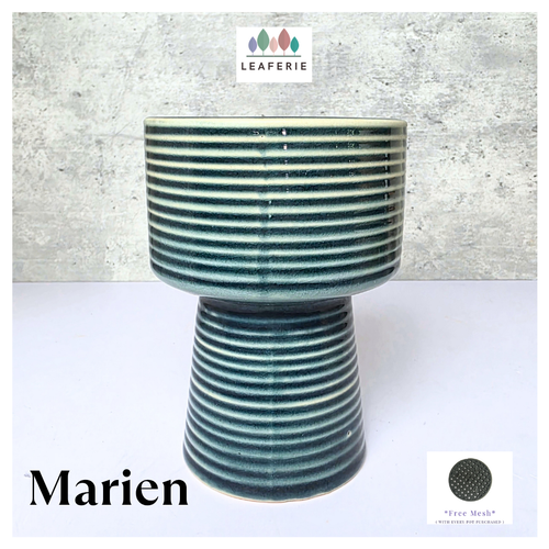 Marien Ceramic planter with striped design on a white surface, featuring the brand 'LEAFERIE'.