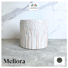 Load image into Gallery viewer, Meliora Ceramic planter with floral patterns on a gray surface, branded 'Meliora' and 'Leaferie'.
