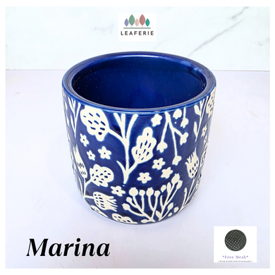 Marina Blue ceramic pot with white floral patterns on a white background, featuring the brand 'LEAFERIE'.