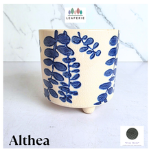 Load image into Gallery viewer, Althea planter with blue leaf pattern on a white background, featuring the brand 'LEAFERIE'.
