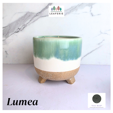 Lumea Ceramic planter with green and beige gradient on a marble background, featuring the brand 'LEAFERIE'.