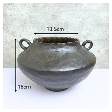 Load image into Gallery viewer, Leaferie SIgnature Black ceramic Flowerpot with handles on a white surface, branded &#39;Leaferie&#39;.
