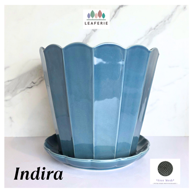 Indira Blue scalloped edge planter with saucer on a white background, featuring the LEAFERIE brand.