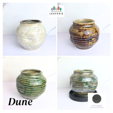 Load image into Gallery viewer, Dune Four ceramic pot with &#39;Dune&#39; design and &#39;LEAFeERIE&#39; branding on a white background.
