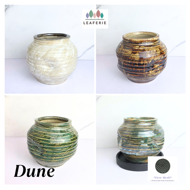 Dune Four ceramic pot with 'Dune' design and 'LEAFeERIE' branding on a white background.
