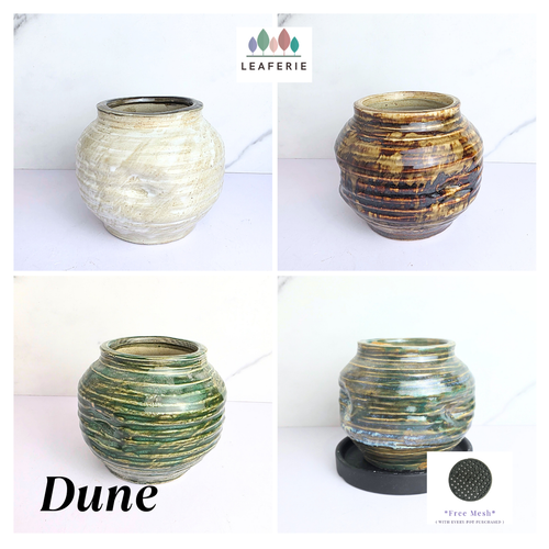 Dune Four ceramic pot with 'Dune' design and 'LEAFeERIE' branding on a white background.