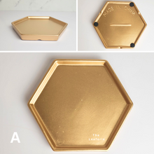 Load image into Gallery viewer, The Leaferie hexagon ceramic trays . 4 colours, black, grey, gold and black. and 3 sizes. front view of colour A gold
