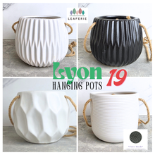 Load image into Gallery viewer, Lyon 19 four hanging pots with 'Leaferie' branding and product details.
