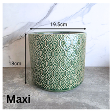 Load image into Gallery viewer, Perla Green patterned ceramic pot on a marble surface with 'LEAFERIE' 
