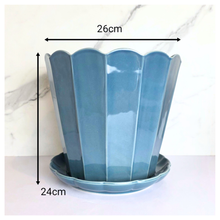 Load image into Gallery viewer, Indira Blue scalloped edge planter with saucer on a white background, featuring the LEAFERIE brand.
