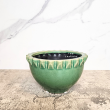 Load image into Gallery viewer, The Leaferie Tadao wide shallow pot. green colour and ceramic material
