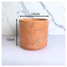 Load image into Gallery viewer, Azelle Ceramic planter with leaf pattern on a marble background, featuring the brand 'LEAFERIE'.
