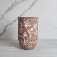 Load image into Gallery viewer, The Leaferie Mona Terracotta pot. front viiew. design A
