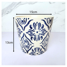 Load image into Gallery viewer, Lisette Ceramic planter with blue floral pattern on a white background, featuring the brand &#39;LEAFERIE&#39;.
