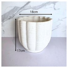 Load image into Gallery viewer, Ripple White ceramic planter with wavy texture on a marble background, featuring the Leaferie brand.
