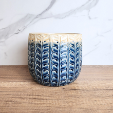 Load image into Gallery viewer, The Leaferie Aretie Blue and white ceramic pot. Leaf motif
