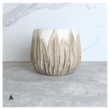 Load image into Gallery viewer, Rowan ceramic planters with textured design on a gray surface, branded 'LEAFERIE'.
