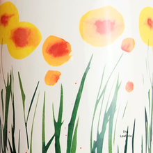 Load image into Gallery viewer, Artistic depiction of yellow flowers with red centers and green leaves on a white background.

