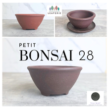 Load image into Gallery viewer, Petit bonsai 28. Collage of terracotta bonsai pots with 'LEAFERIE' branding on a light background.
