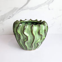 Load image into Gallery viewer, The Leaferie Rakel Flowerpot. green ceramic pot. wavy design. front view
