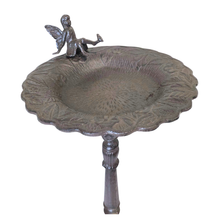 Load image into Gallery viewer, Cast Iron bird bath with a fairy figure on a white background, featuring the Leaferie brand.
