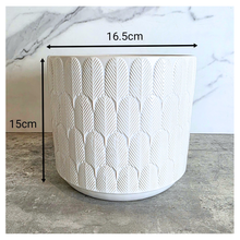 Load image into Gallery viewer, Finn White ceramic planter with geometric pattern on a marble surface, featuring the Leaferie brand.
