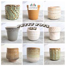 Load image into Gallery viewer, A 3x3 collage showing nine handmade ceramic plant pots in various glazes, shapes, and textures, with the text 'PETIT POTS 22' overlaid in the center. The brand logo 'LEAFERIE' is visible on one of the pots.
