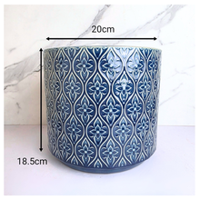 Load image into Gallery viewer, Sapphire Blue patterned candle container with 'LEAFAERIE' branding on a marble background

