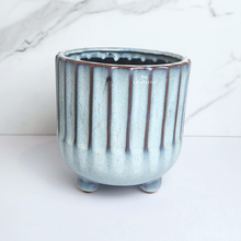 Load image into Gallery viewer, The Leaferie Rinne blue ceramic pot with stand.
