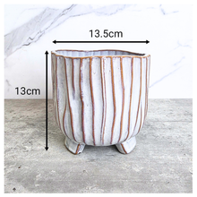 Load image into Gallery viewer, Jace Ceramic planter with striped design on a marble surface, featuring the brand 'LEAFERIE'.
