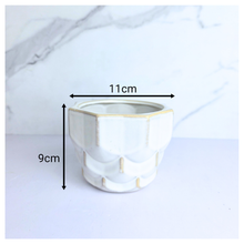 Load image into Gallery viewer, Dove White ceramic planter with gold accents on a light gray background, featuring the Leaferie brand.

