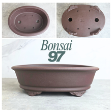 Load image into Gallery viewer, Leaferie Oval Bonsai pot with 'Bonsai 97' branding on a light background
