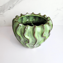 Load image into Gallery viewer, The Leaferie Rakel Flowerpot. green ceramic pot. wavy design. front view
