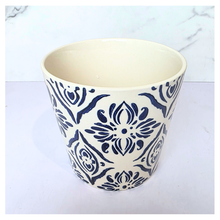 Load image into Gallery viewer, Lisette Ceramic planter with blue floral pattern on a white background, featuring the brand &#39;LEAFERIE&#39;.
