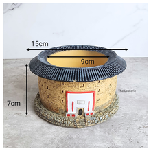 Load image into Gallery viewer, Decorative miniature round building with measurements on a light gray background
