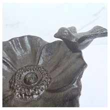 Load image into Gallery viewer, Barry cast iron Decorative bird bath with a bird on top, branded 'LEAFERIE', on a white background.
