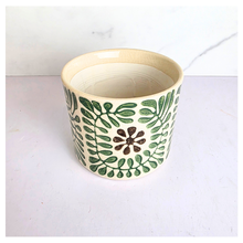 Load image into Gallery viewer, Petrax Ceramic pot with green floral pattern on a light background, featuring the Leaferie brand.
