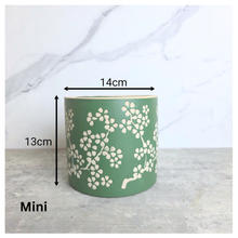 Load image into Gallery viewer, Alina pot Green plant pot with floral pattern on a wooden surface, branded 'LEAFAERIE'.
