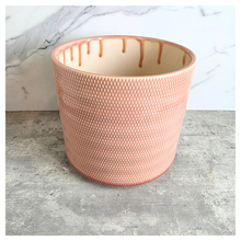 Load image into Gallery viewer, Kael Pink textured plant pot on a marble surface with 'LEAFAERIE' branding.
