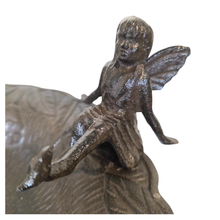 Load image into Gallery viewer, Cast Iron bird bath with a fairy figure on a white background, featuring the Leaferie brand.
