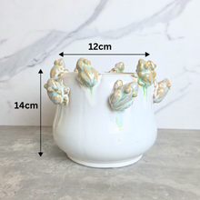 Load image into Gallery viewer, White ceramic planter with raised frog motifs around the rim, shown with dimension arrows and labels indicating 14 cm height and 12 cm top width, against a marble-look wall and gray surface.
