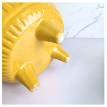 Load image into Gallery viewer, Daisy Yellow textured ceramic pot with 'LEAFERIE' branding on a marble background
